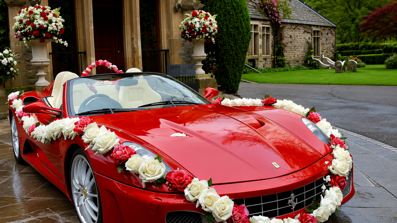 Convertible wedding car decorated with flowers