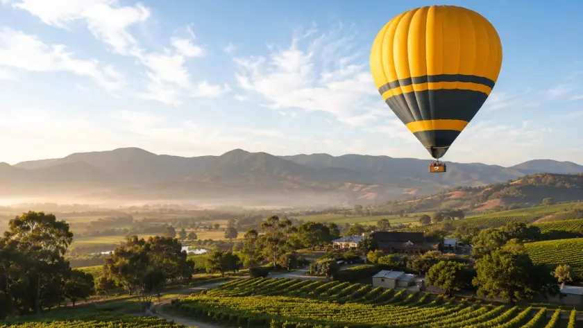 Hot air balloon over Yarra Valley vineyards on a private day tour
