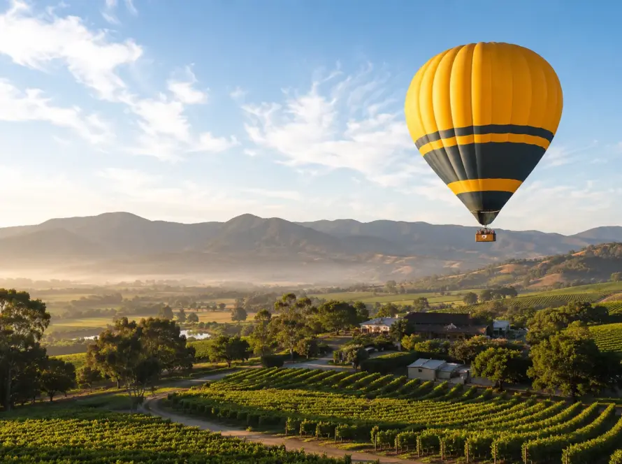 Hot air balloon over Yarra Valley vineyards on a private day tour