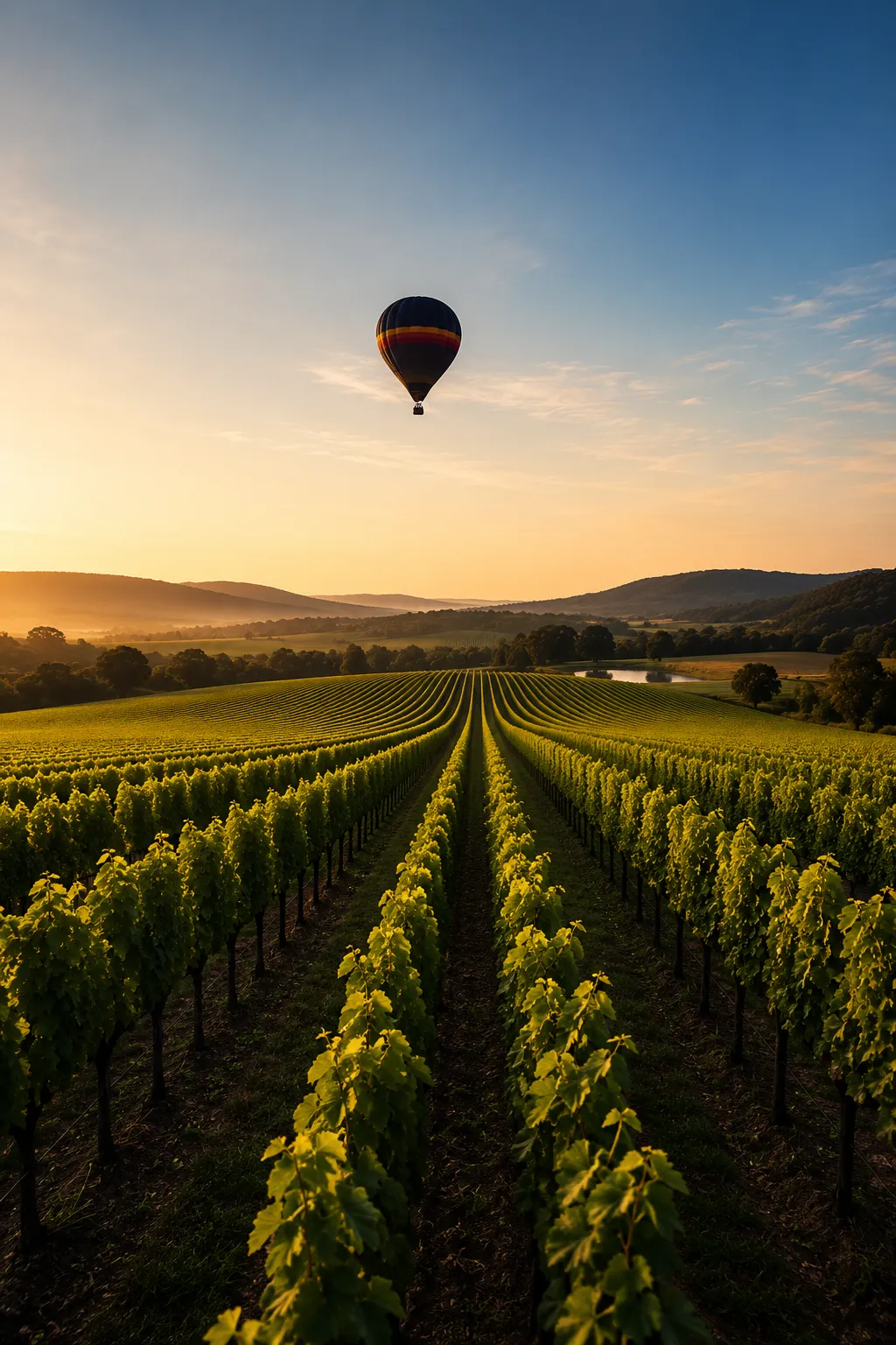 Hot air balloon over Yarra Valley vineyards at sunrise